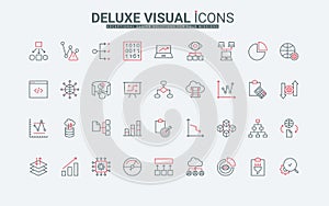 Data analytics, tools and methods, algorithms for information analysis line icons set
