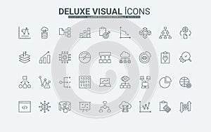 Data analytics, tools and methods, algorithms for information analysis line icons set