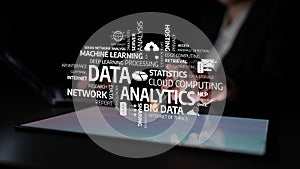 Data analytics visual representation showing machine learning, big data, cloud computing, statistical analysis, and deep