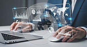 Data Analytics Visualization with Businessman Analyzing Graphs and World Map on Laptop Screen