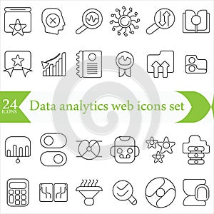 Data analytics web icons set in thin line design. Pack of database, big data process, ai, monitoring, traffic, hosting service,