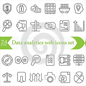 Data analytics web icons set in thin line design. Pack of database, big data process, ai, monitoring, traffic, hosting service,