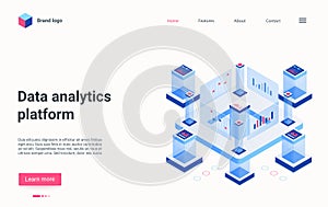 Data analytics workstation 3d platform, automation technology isometric landing page