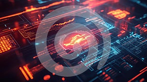 Data analyzing on complex digital network interface with glowing elements