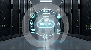 Data Backup System in Server Room with Cloud and Security Icons