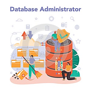 Data base administrator concept. Manager working at data center