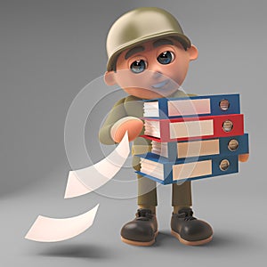 Data breach by army soldier dropping files from folders, 3d illustration