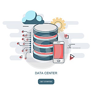 Data center cloud computer, connection hosting, server database. Flat vector