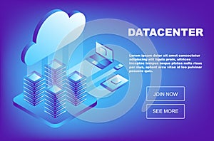 Data Center Cloud Computer Connection Hosting Server Database. Mainframe, powered server, high technology concept. Isometric