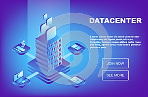 Data Center Cloud Computer Connection Hosting Server Database. Mainframe, powered server, high technology concept. Isometric