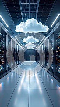 Data Center with Cloud Computing Concept Server Racks and Floating Clouds