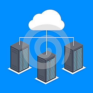 Data Center Cloud Connection Hosting Server Computer Information Database Synchronize Technology. Vector illustration.