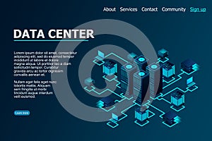 Data center, cloud database, Concept of big data processing center, hosting server or data center room concept. vector illustratio