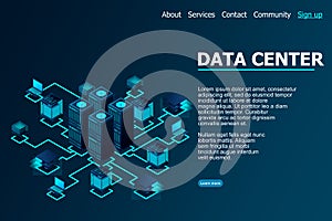 Data center, cloud database, Concept of big data processing center, hosting server or data center room concept. vector illustratio