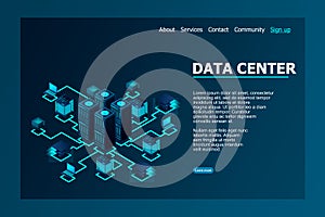 Data center, cloud database, Concept of big data processing center, hosting server or data center room concept. vector illustratio