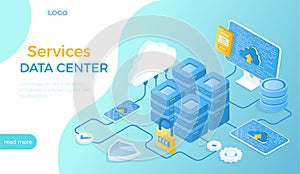 Data Center Cloud Services. Information processing, hosting, provider, storage, networking, management, distribution of data.