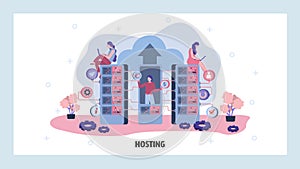 Data center and cloud storage. Hosting, computer technology, server, data center engineer team. Vector web site design