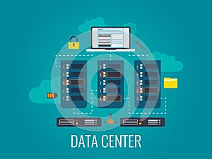 Data Center. Cloud technologies concept. Computer server design. Web hosting and cloud database. Big data flow