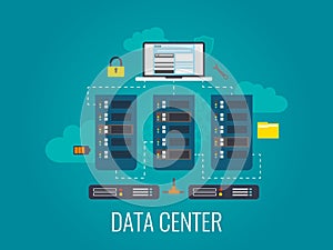 Data Center. Cloud technologies concept. Computer server design. Web hosting and cloud database. Big data flow photo
