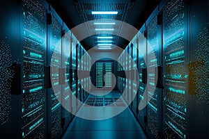 Data center and computer servers. Created with generative Ai technology.