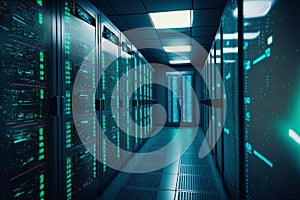 Data center and computer servers. Created with generative Ai technology.