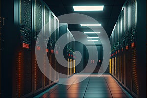 Data center computers, large facility with servers, storage solution, Generative Ai