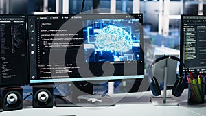 Data center computers showing neural network visualization and code