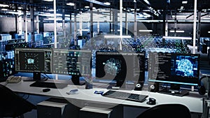 Data center computers showing neural network visualization and code