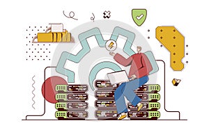 Data center concept with character situation in flat design. Man works as technician and administrator in server room, controls