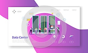 Data Center Concept Landing Page. Hosting Service Characters Cloud Data Storage Work Process Website Template. Easy Edit