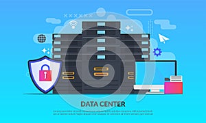 Data center concept, technology of data protection and processing, cloud connection hosting server, database synchronize system,