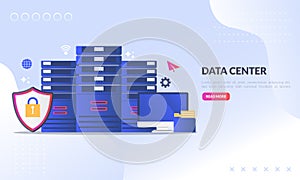 Data center concept, technology of data protection and processing, cloud connection hosting server, database synchronize system,