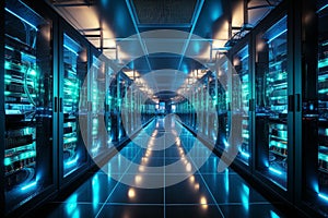 Data center corridor filled with rack servers, supercomputers, and internet visualization projection