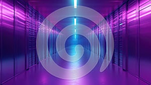 Data center corridor with neon purple and blue lights