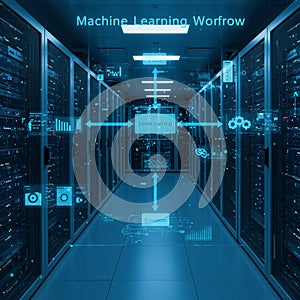 A data center corridor with server racks on both sides, illuminated by blue-toned