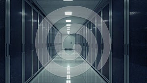 Data Center Corridor with Server Racks, Interior Perspective View, Technology Concept.