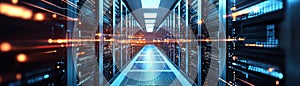 Data center corridor with servers, showcasing technology and innovation in cloud computing and renewable energy