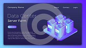 Data center. Datacenter server farm isometric concept. Modern data center hero image design