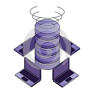 data center disks with laptops computers isometric icon