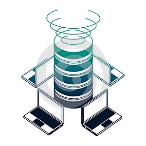 data center disks with laptops computers isometric icon