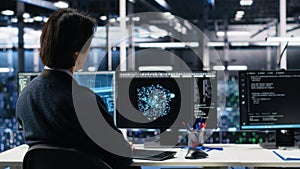 Data center engineer using machine learning algorithms on green screen PC