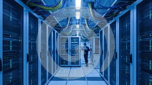 Data center engineer working with laptop in server room with rows of computer racks