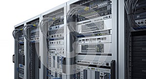 Data Center with Rows of Server Racks for Data Processing on White Background Computing Infrastructure and Network