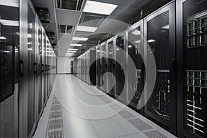 data center filled with rows of server racks, each housing multiple servers