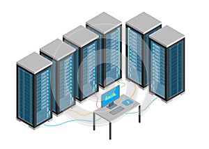 Data Center with Furniture and Equipment Isometric View. Vector