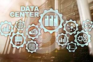 Data Center of the Future on a virtual screen. Business information technology concept. Storing data and securing