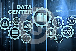 Data Center of the Future on a virtual screen. Business information technology concept. Storing data and securing