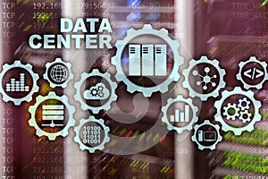 Data Center of the Future on a virtual screen. Business information technology concept. Storing data and securing