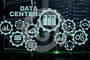Data Center of the Future on a virtual screen. Business information technology concept. Storing data and securing business