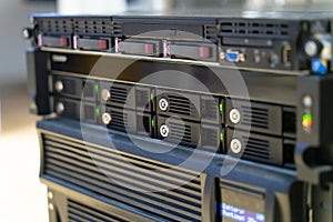 Data center with hard disk close-up focus center, data storage